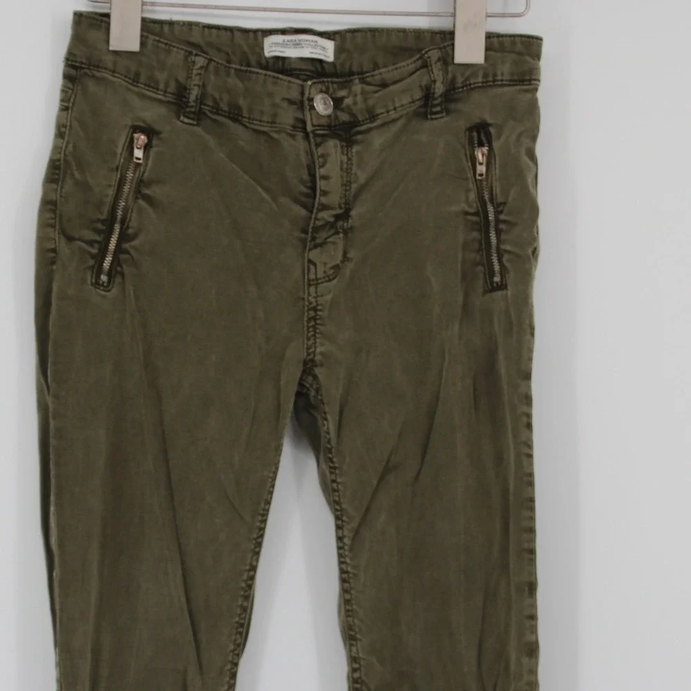 Zara Woman Denim Olive Green Moto Skinny Jeans Pants‎ Ankle Zip Ribbed Knee 4
